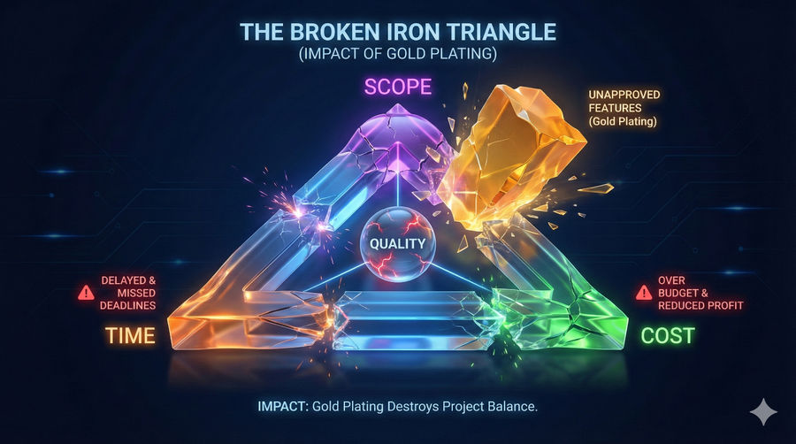 A 3D data visualization of a broken project management Iron Triangle. A large, golden block labeled "Unapproved Features (Gold Plating)" is crashing into the purple "Scope" corner of a glass triangle, causing it to fracture. The orange "Time" corner is cracked with text reading "Delayed & Missed Deadlines," and the green "Cost" corner is broken with text reading "Over Budget & Reduced Profit." A central sphere labeled "Quality" is also cracked. The caption reads, "Impact: Gold Plating Destroys Project Balance."