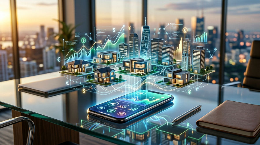 A glowing smartphone on a modern glass desk surrounded by holographic 3D building models, financial charts, and budget graphs, illustrating the factors involved in Real Estate App Development Cost.