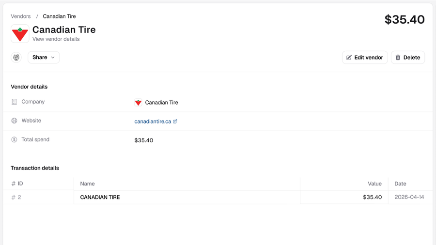 Vendor detail page for Canadian Tire showing one linked transaction