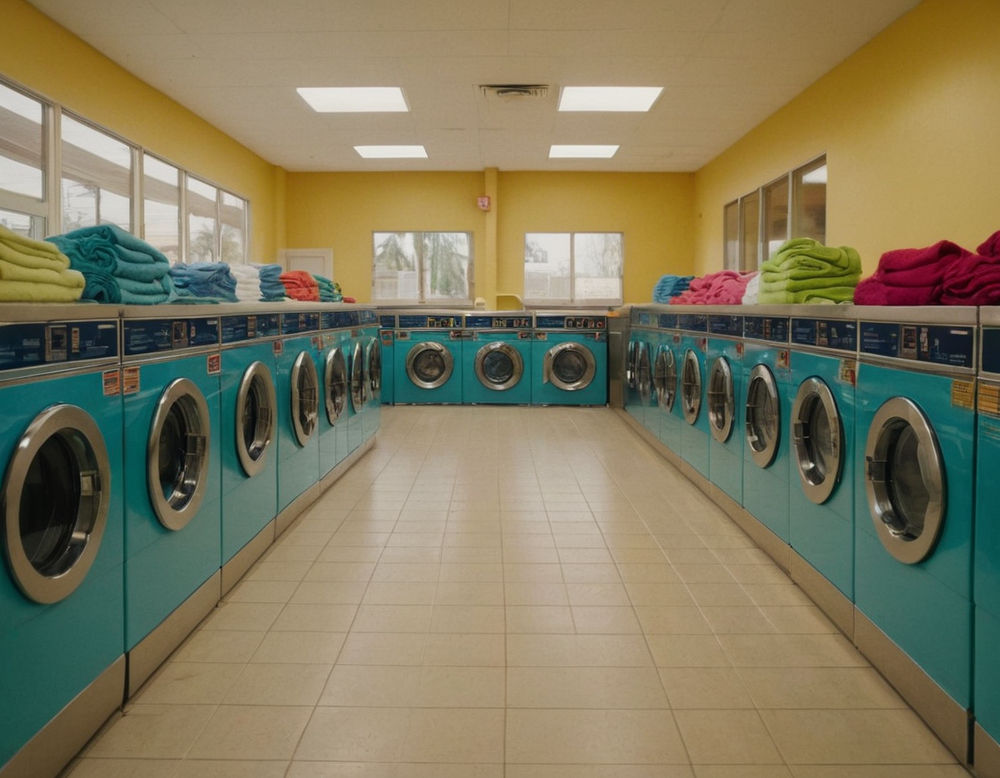 A close-up of a neatly organized laundromat with brightly colored washing machines and freshly folded laundry stacked on a counter.