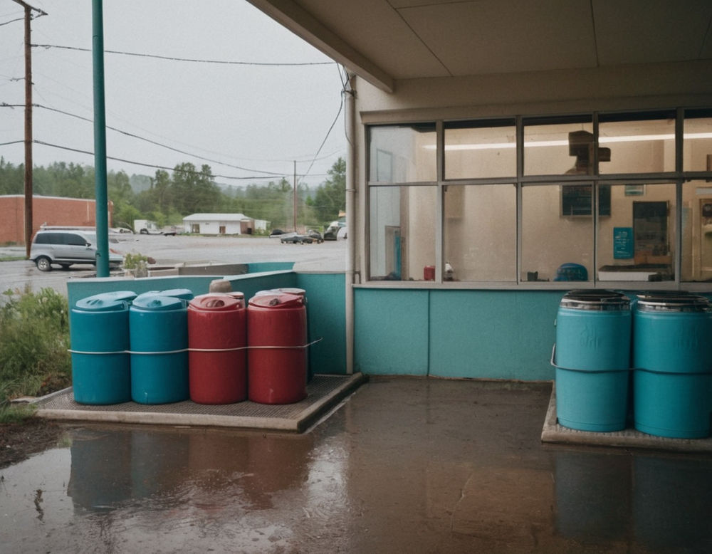 A serene image of a laundromat with rainwater collection barrels set up outside.