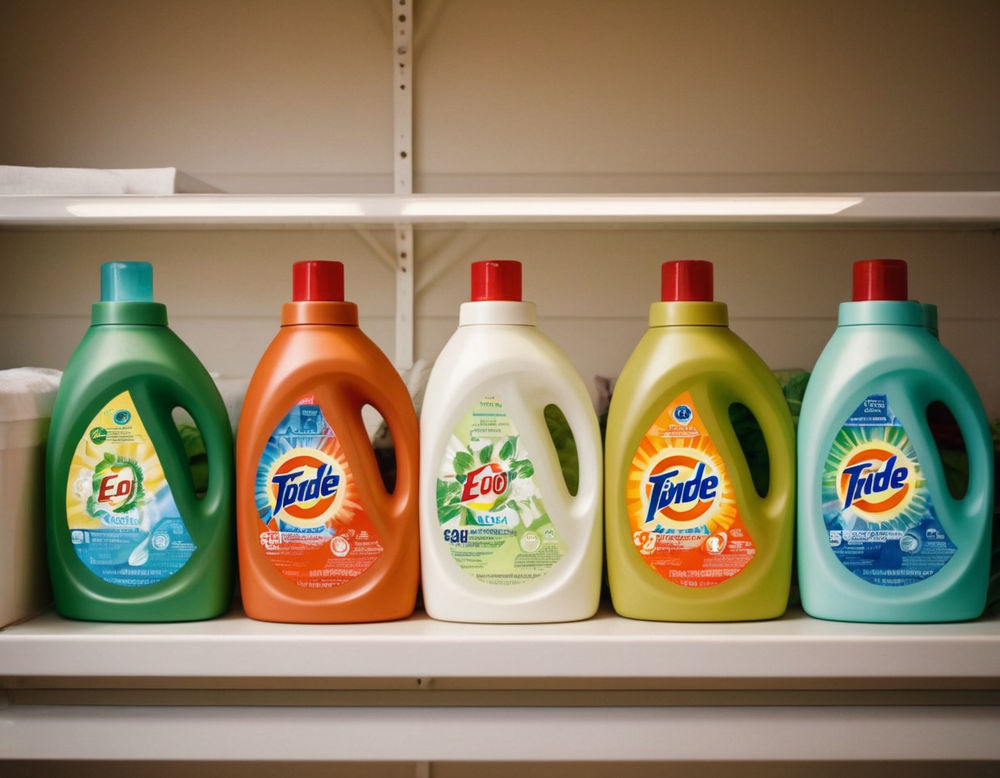 A visually appealing display of eco-friendly detergent bottles on a laundromat shelf.