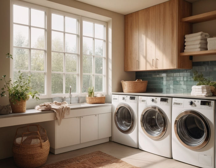 An eco-friendly laundry room featuring a large window with sunlight streaming in, highlighting sleek washers.