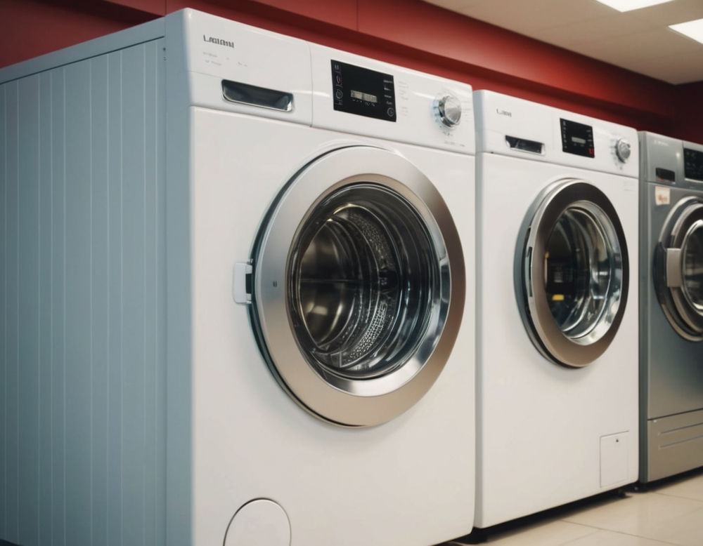 A close-up shot of a sleek, modern washing machine with a bright, illuminated control panel, set against a clean, minimalistic laundromat backdrop.