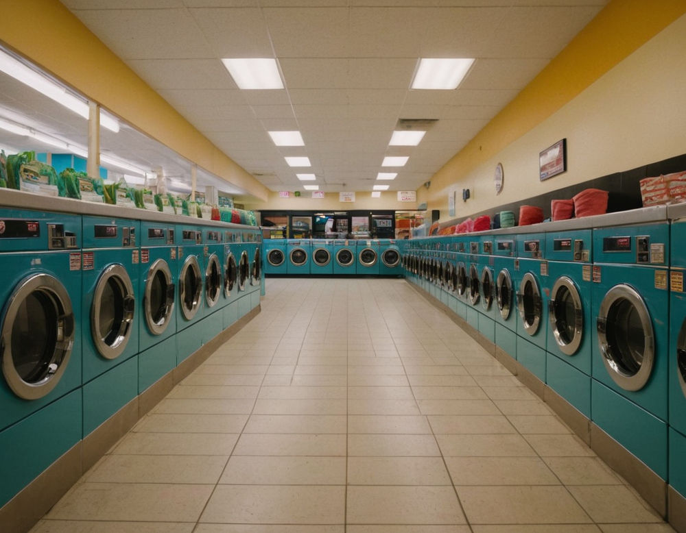 An exterior view of a bustling laundromat, showcasing rows of energy-efficient washers, with colorful detergent dispensers in the foreground.