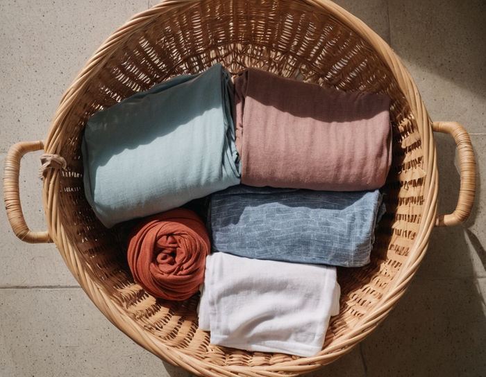 A top-down view of freshly washed laundry neatly folded and placed in a wicker basket, with natural light streaming in from a nearby window.