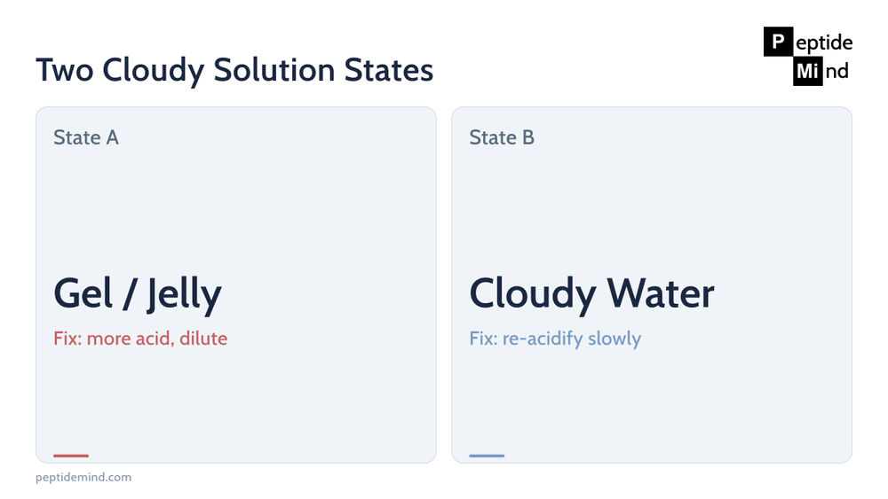 Comparison of gel and cloudy suspension peptide solution states with reconstitution fixes