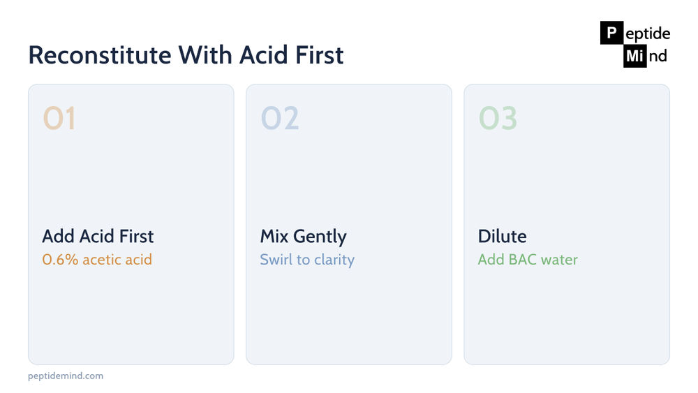 Three-step peptide reconstitution sequence adding acetic acid before bacteriostatic water