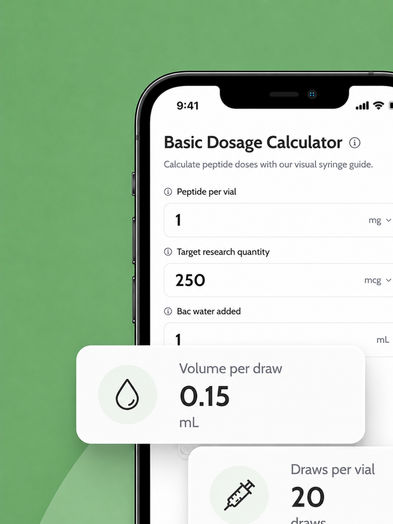 Phone mockup showing a Basic Dosage Calculator app on a green background, with enlarged floating result cards for volume per draw and draws per vial overlapping the screen.