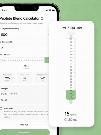 Phone screen showing a Peptide Blend Calculator app with a syringe diagram filled to 15 units (0.150 mL) on a 100-unit, 1 mL scale.