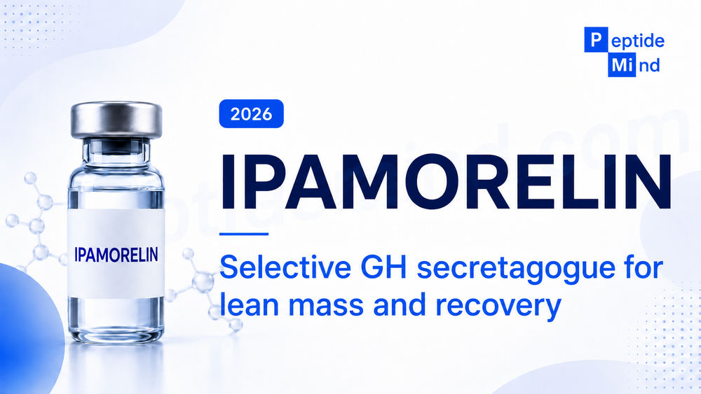 A clear glass vial labeled "IPAMORELIN," featuring a silver cap, with a description stating "Selective GH secretagogue for lean mass and recovery," set against a light blue background with abstract molecular graphics.