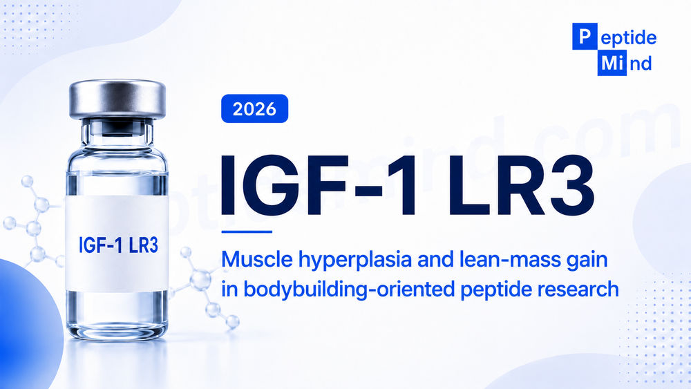 A clear glass vial labeled "IGF-1 LR3" contains a transparent liquid, accompanied by the text "2026 IGF-1 LR3 Muscle hyperplasia and lean-mass gain in bodybuilding-oriented peptide research." The background features a light blue gradient with abstract molecular structures.