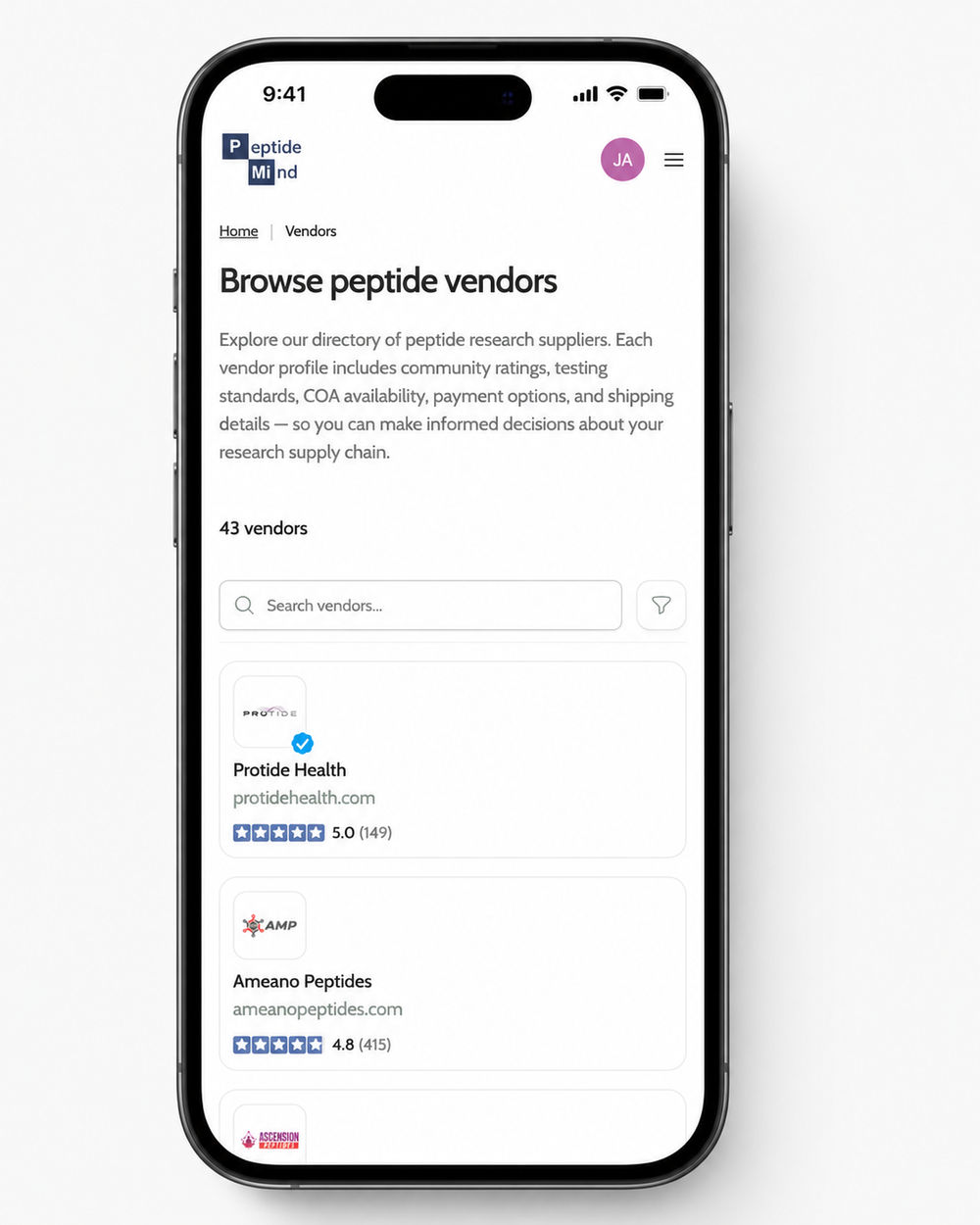 A smartphone screen displaying a web page titled "Browse peptide vendors." The page includes a brief description of the directory for peptide research suppliers and lists the top ranked vendor: "Protide Health" with a rating of 5.0 (149 reviews).