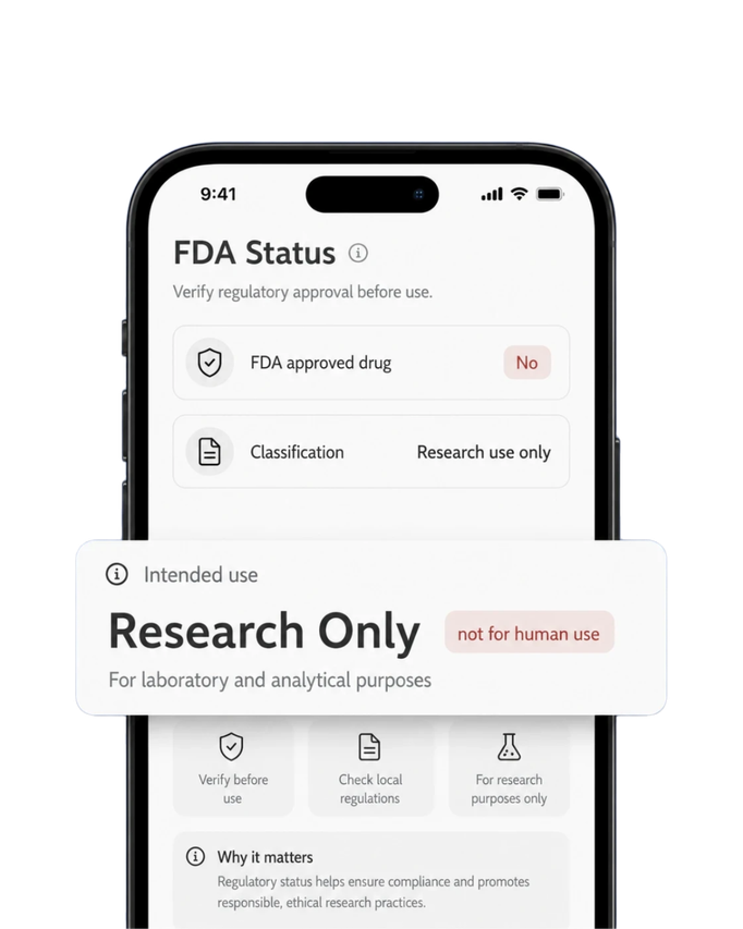 A smartphone screen displaying FDA status for a drug, indicating "FDA approved drug: No" and "Classification: Research use only." A banner notes "Research Only" with the disclaimer "not for human use," emphasizing its intended use for laboratory and analytical purposes.
