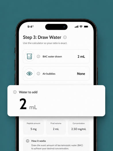 Phone screen showing Step 3 of the reconstitution guide with bacteriostatic water drawn, and a callout card reading "2 mL" 
