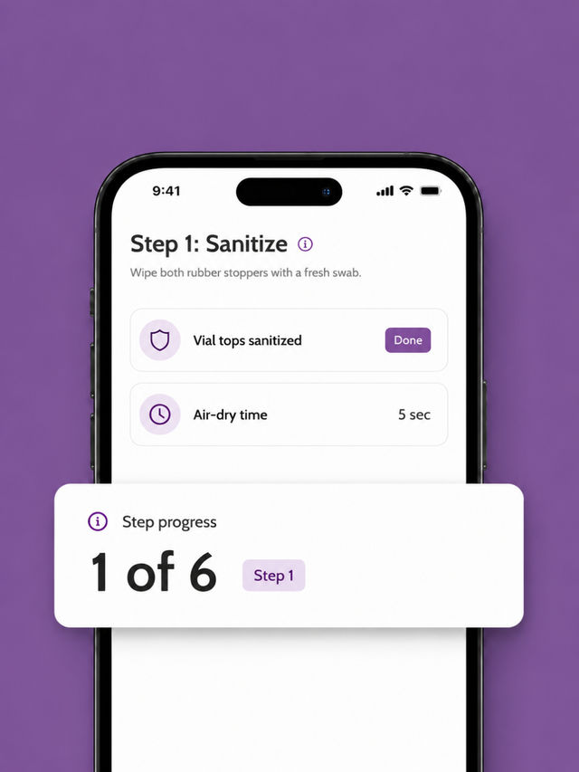 Phone screen showing a Supplies Checklist with bacteriostatic water, vial, syringe, and swabs marked ready, and a callout card reading step progress
