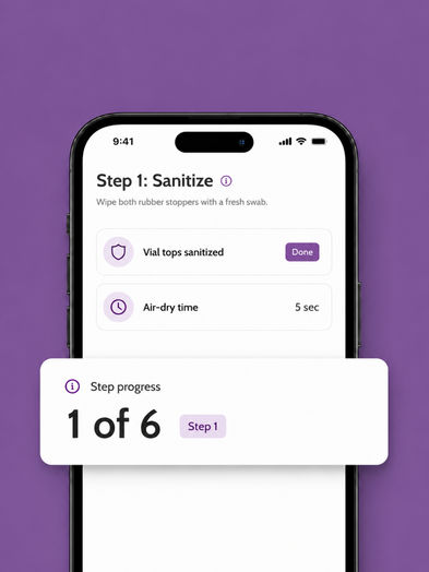 Phone screen showing a Supplies Checklist with bacteriostatic water, vial, syringe, and swabs marked ready, and a callout card reading step progress