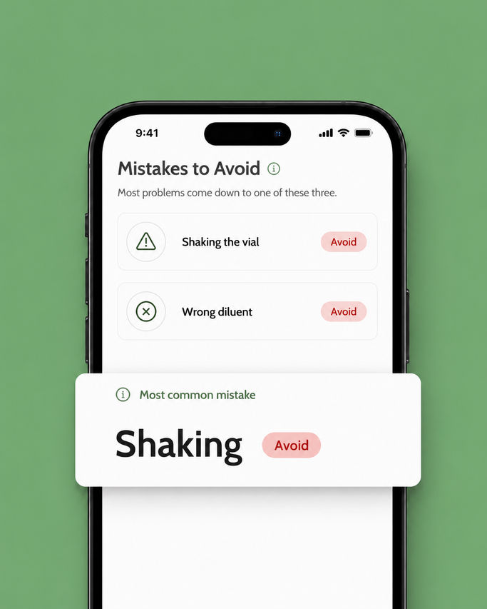 Phone screen showing a Mistakes to Avoid checklist flagging shaking and wrong diluent, and a callout card reading "Shaking" |