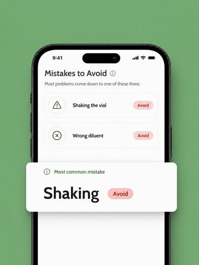 Phone screen showing a Mistakes to Avoid checklist flagging shaking and wrong diluent, and a callout card reading "Shaking" |