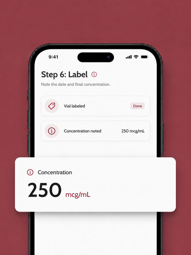 Phone screen showing Step 6 of the reconstitution guide with the vial labeled, and a callout card reading "250 mcg/mL"