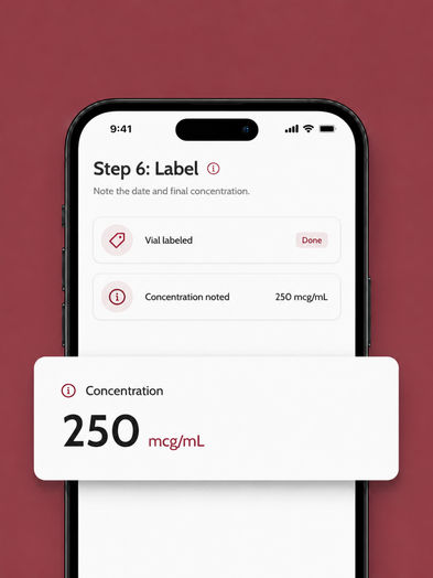 Phone screen showing Step 6 of the reconstitution guide with the vial labeled, and a callout card reading "250 mcg/mL"