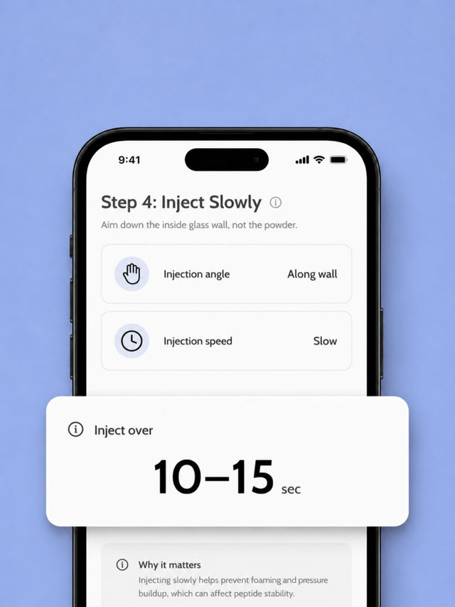 Phone screen showing Step 4 of the reconstitution guide with injection angle and speed noted, and a callout card reading "10–15 sec"