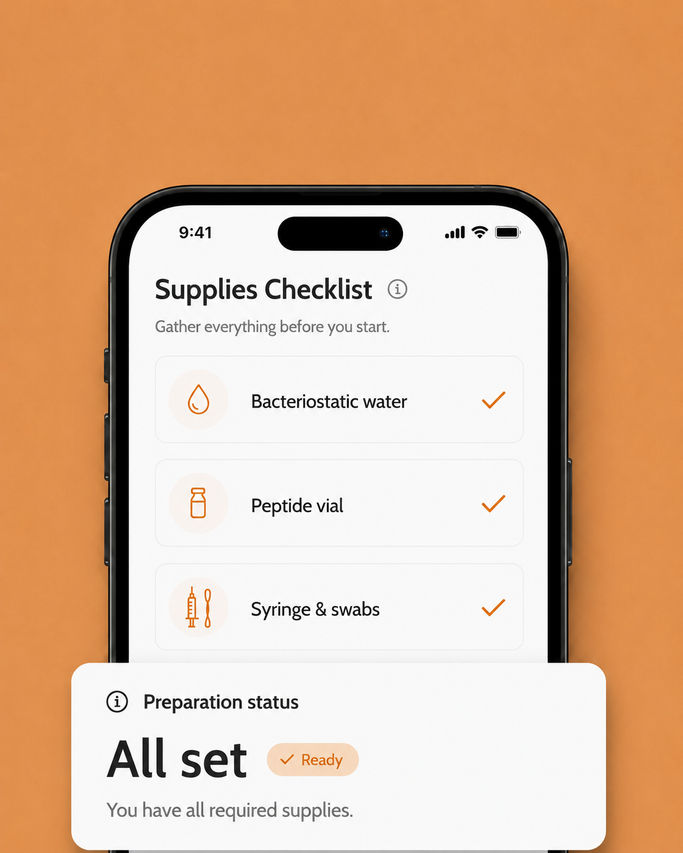 Phone screen showing a Supplies Checklist with bacteriostatic water, vial, syringe, and swabs marked ready, and a callout card reading "All set"