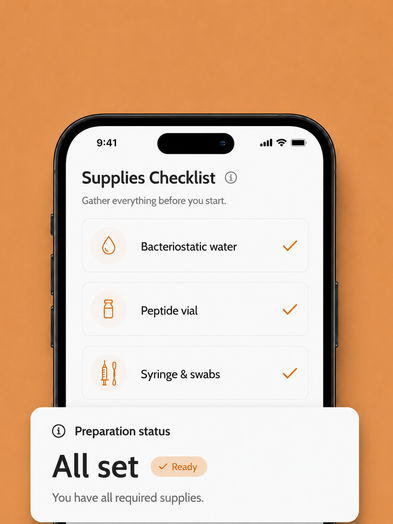 Phone screen showing a Supplies Checklist with bacteriostatic water, vial, syringe, and swabs marked ready, and a callout card reading "All set"