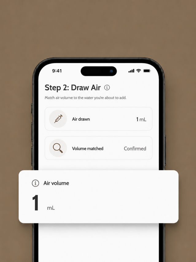 Phone screen showing Step 2 of the reconstitution guide with air volume matched, and a callout card reading "1 mL"