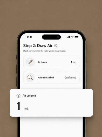 Phone screen showing Step 2 of the reconstitution guide with air volume matched, and a callout card reading "1 mL"