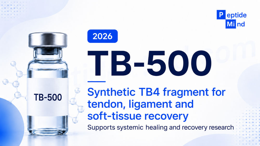 A clear glass vial labeled "TB-500," containing a synthetic TB4 fragment for promoting tendon, ligament, and soft-tissue recovery; highlights its role in supporting systemic healing and recovery research. The background features molecular graphics and a blue color scheme, with the year "2026" indicated prominently.