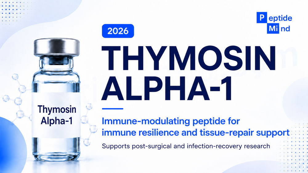 A clear glass vial labeled "Thymosin Alpha-1" stands against a light background, with blue graphics and text highlighting its use as an immune-modulating peptide for immune resilience and tissue-repair support, along with the year "2026" and the company name "Peptide Mind."