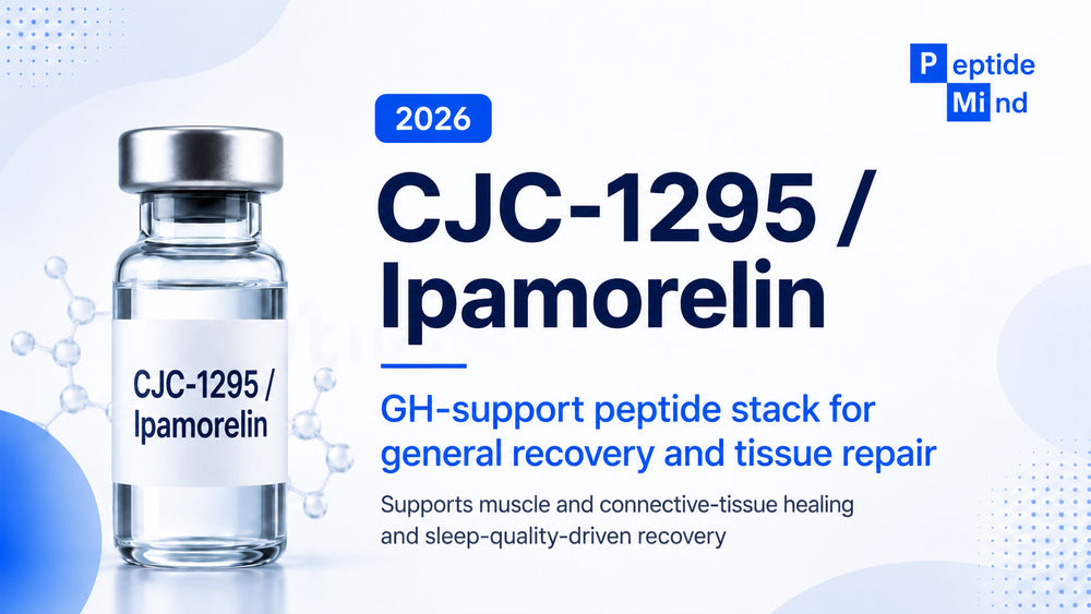 Labelled vial of CJC-1295 / Ipamorelin peptide for general recovery and tissue repair, with text promoting its benefits for muscle healing and improved sleep quality, set against a light blue background featuring molecular graphics.