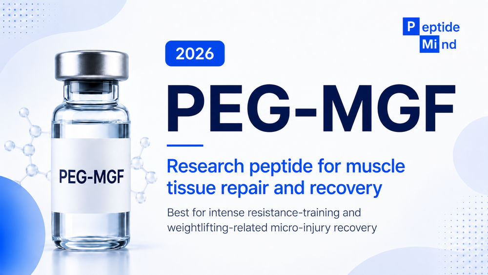 A labeled vial of PEG-MGF, a research peptide for muscle tissue repair and recovery, with the year 2026 and text highlighting its benefits for intense resistance training and weightlifting-related micro-injury recovery. The background features abstract shapes and molecular structures.