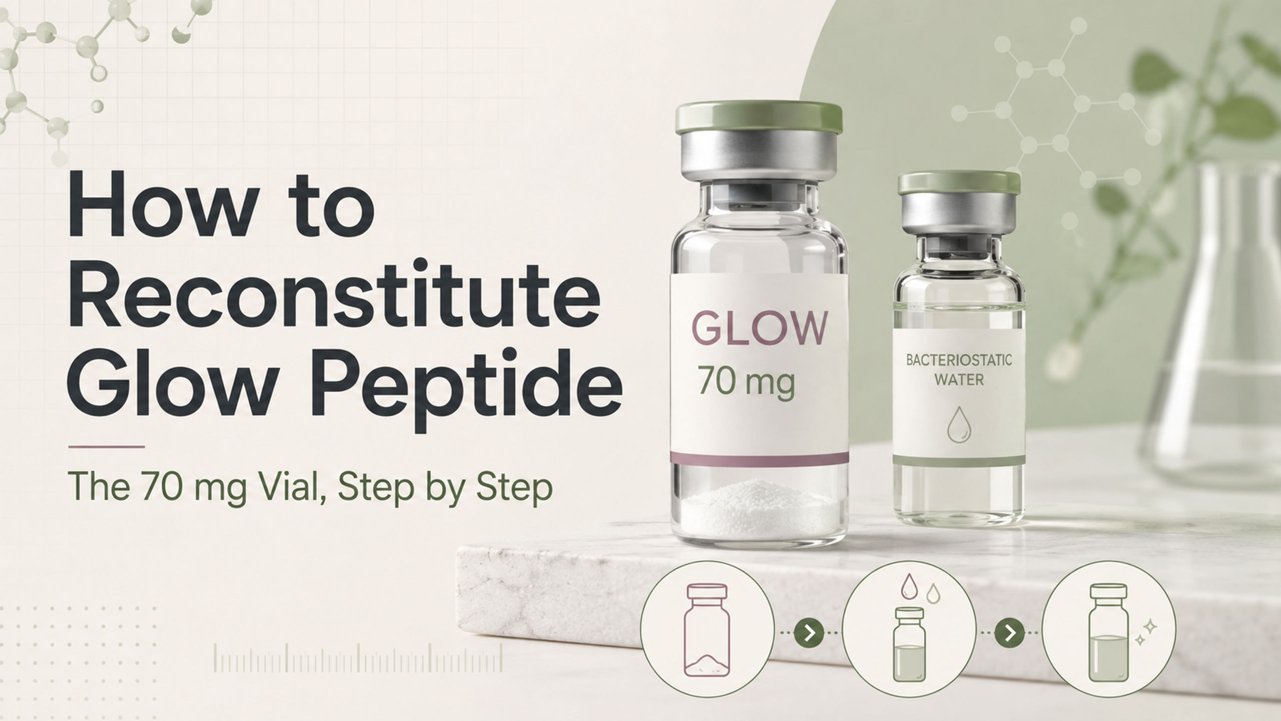 Image featuring two vials on a marble surface: one labeled "GLOW 70 mg" containing a powder, and the other labeled "BACTERIOSTATIC WATER." The background displays the text "How to Reconstitute Glow Peptide: The 70 mg Vial, Step by Step" alongside graphic elements indicating a step-by-step process.