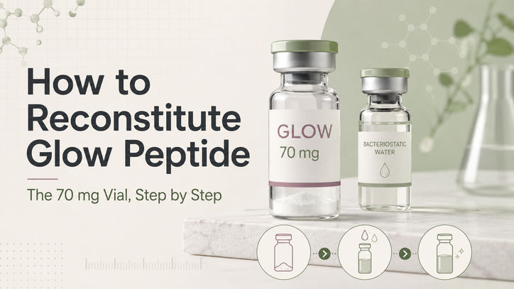 Image featuring two vials on a marble surface: one labeled "GLOW 70 mg" containing a powder, and the other labeled "BACTERIOSTATIC WATER." The background displays the text "How to Reconstitute Glow Peptide: The 70 mg Vial, Step by Step" alongside graphic elements indicating a step-by-step process.