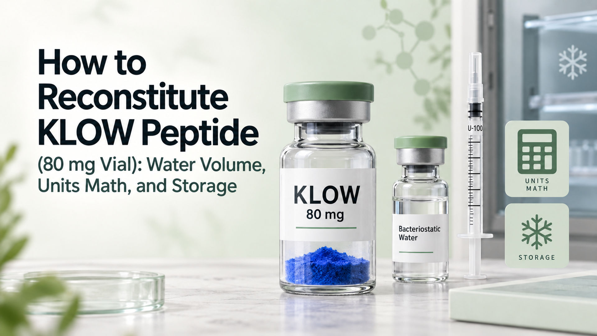 A close-up image featuring two vials labeled "KLOW 80 mg" and "Bacteriostatic Water," and a syringe, set against a light background with a refrigerator containing snowflake icons. Text on the left reads "How to Reconstitute KLOW Peptide (80 mg Vial): Water Volume, Units Math, and Storage."