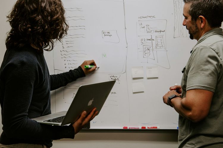 Two colleagues mapping a hiring plan on a whiteboard with sticky notes