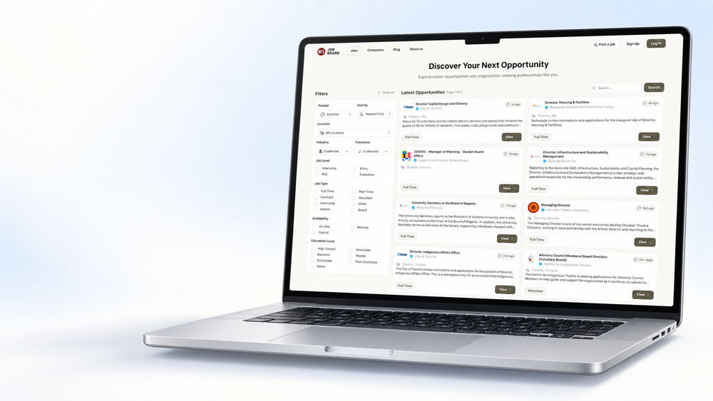 BES Job Board job listings page with location, job level and availability filters on a laptop