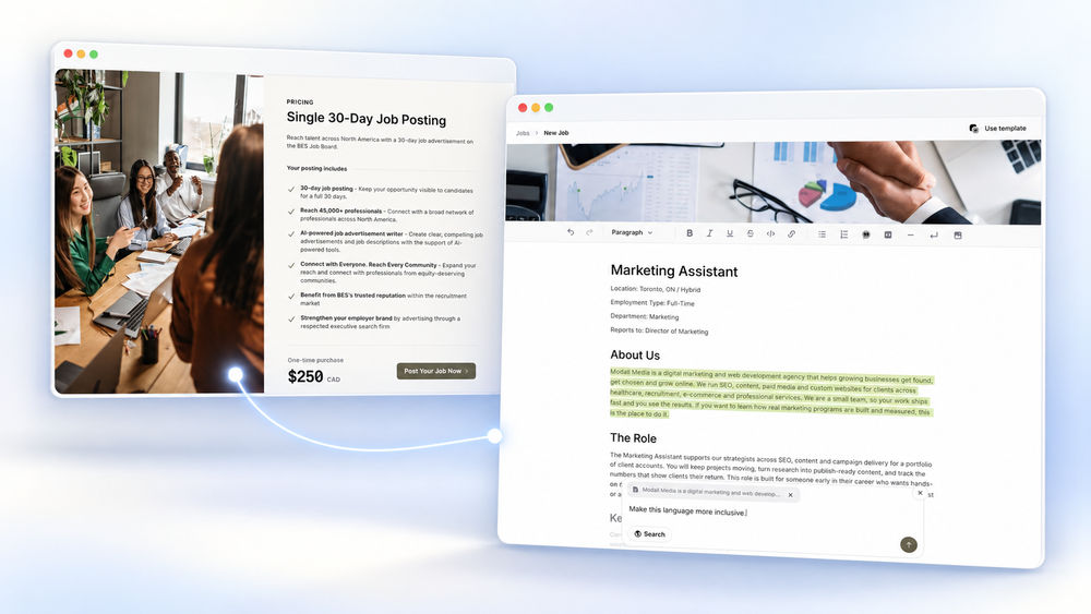 BES Job Board pricing card for a 30-day job posting linked to the AI job writer in the job editor