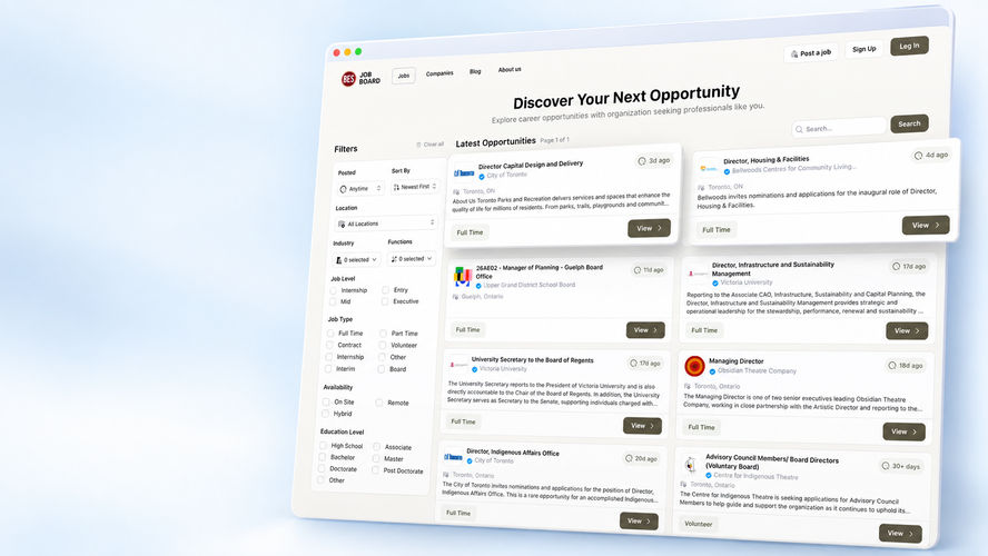 BES Job Board listings page in a floating browser window with featured senior job cards