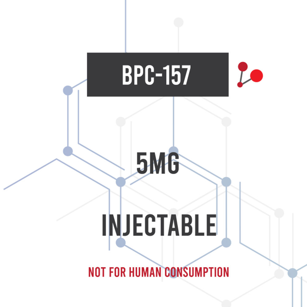 Label for BPC-157, stating "5mg Injectable" and "Not for Human Consumption," with a background of molecular structures.