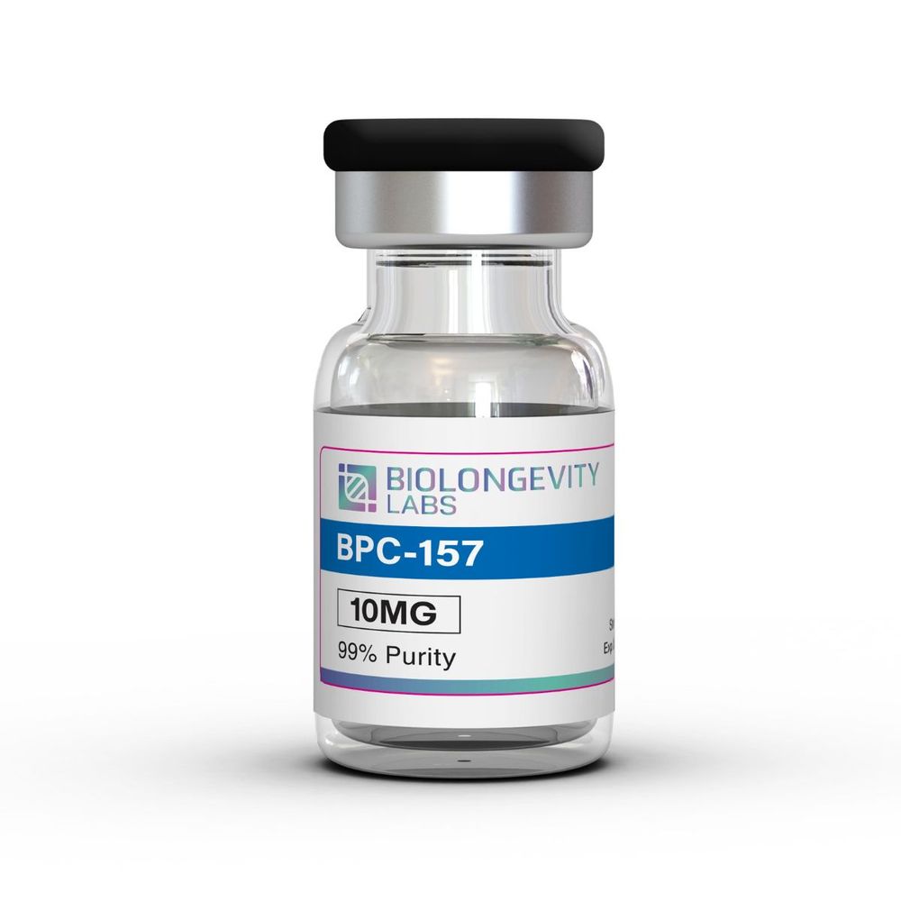 A glass vial labeled "BPC-157" with a capacity of 10mg and 99% purity, produced by Biolongevity Labs. The vial features a silver cap and a colored label indicating its specifications.