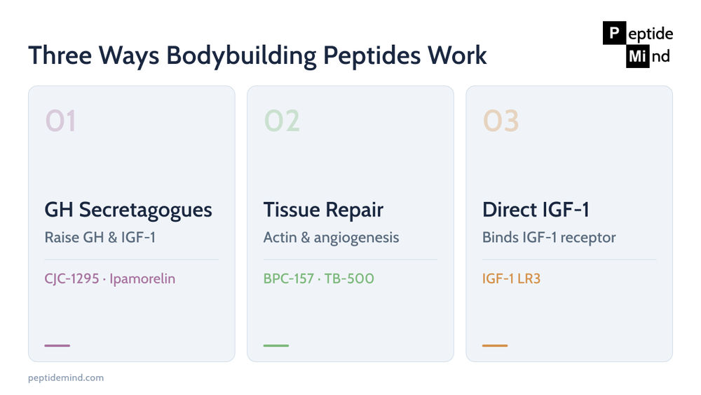 Three mechanism families of bodybuilding peptides: GH secretagogues, tissue repair, and direct IGF-1