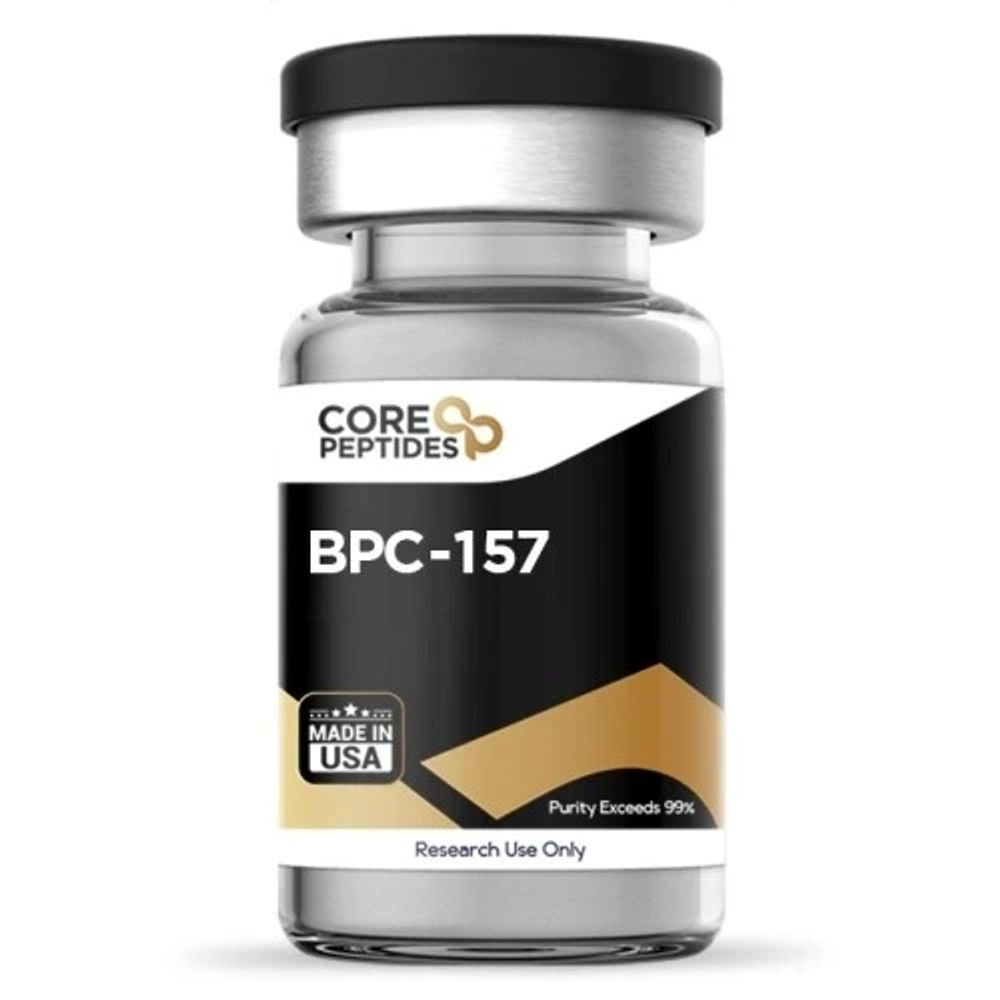 Clear vial containing BPC-157 peptide with a black and gold label, marked "Core Peptides", indicating "Made in USA" and "Purity Exceeds 99%", for research use only.