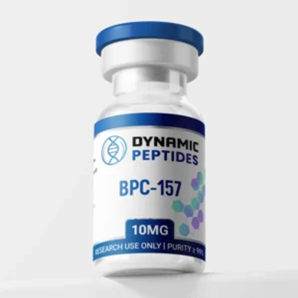 A clear glass vial labeled "Dynamic Peptides BPC-157 10MG" with a blue cap, indicating research use only and a purity of 99%.