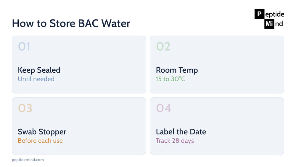 Four step BAC water storage process: keep sealed, room temperature, swab the stopper, label the date