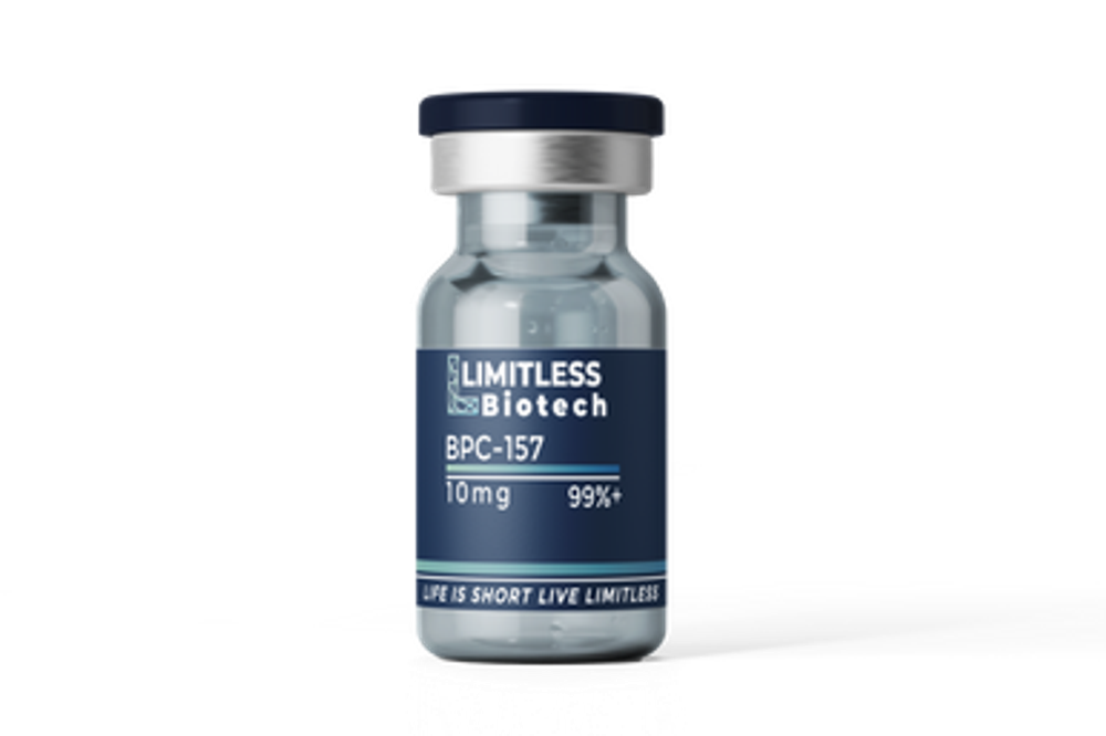 A clear glass vial labeled "LIMITLESS Biotech" containing BPC-157, 10 mg, with a metallic silver cap, set against a white background.