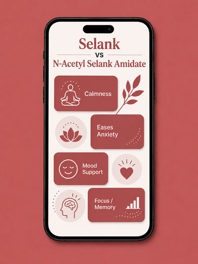Selank vs N-Acetyl Selank Amidate comparison graphic on a smartphone screen showing red icon cards for calmness, eased anxiety, mood support, and focus/memory.