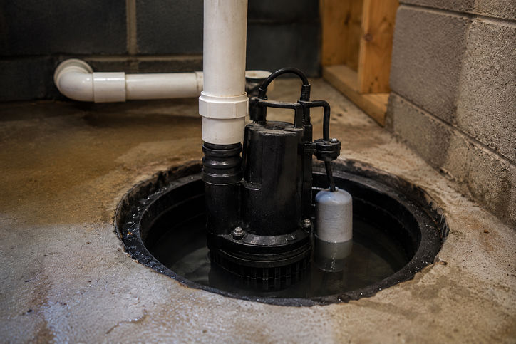 Submersible sump pump installed in a basement sump pit